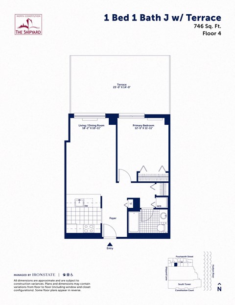 Floor plan for 1 bed, 1 bath, 746 sqft